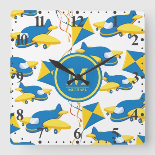 Colorful Airplanes and Kites Kids Pattern Monogram Square Wall Clock