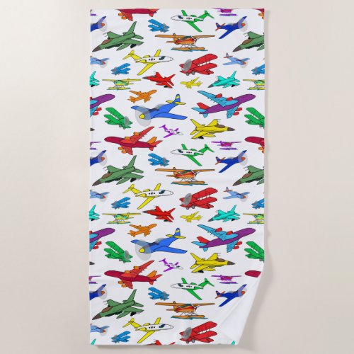 Colorful Airplanes Pattern Beach Towel
