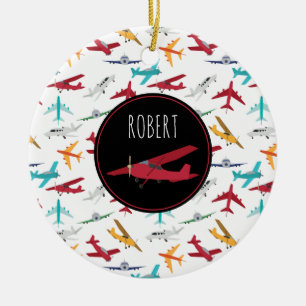 Colorful Airplanes Pattern Custom Name Ceramic Ornament