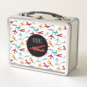 Colorful Airplanes Pattern Custom Name Metal Lunch Box