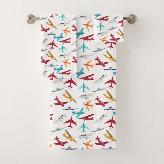 Colorful Airplanes Pattern Kids Bathroom Bath Towel Set (Insitu)