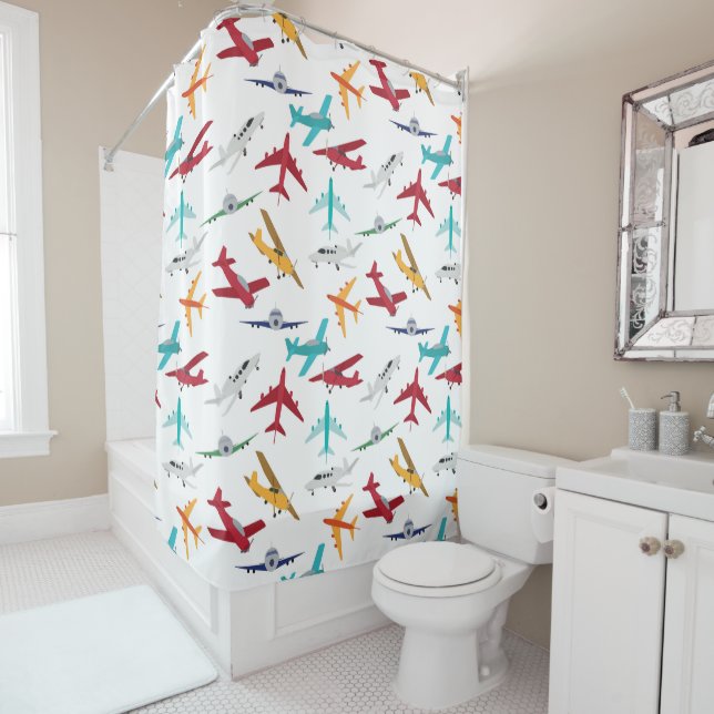 Colorful Airplanes Pattern Kids Bathroom Shower Curtain (In Situ)