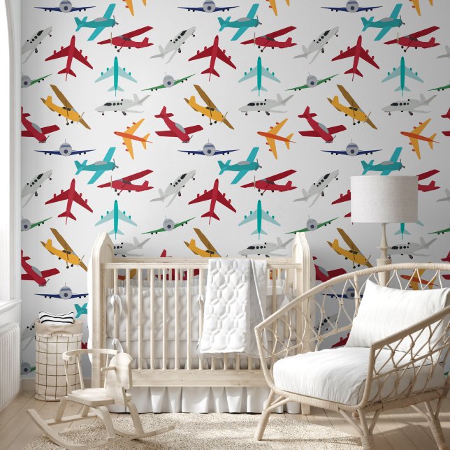Colorful Airplanes Pattern Kids Bedroom Wallpaper (Kids)