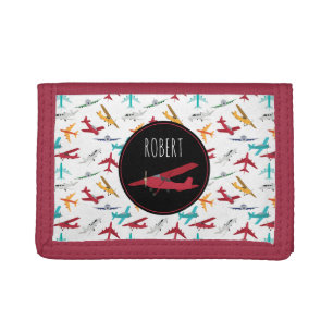 Colorful Airplanes Pattern Kids Custom Name Tri-fold Wallet