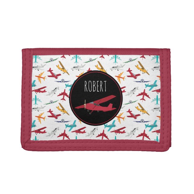 Colorful Airplanes Pattern Kids Custom Name Trifold Wallet (Front)
