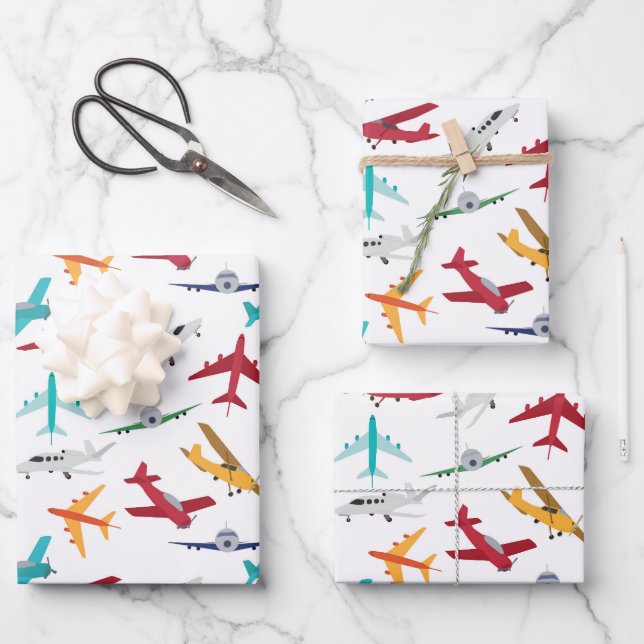 Colorful Airplanes Pattern Wrapping Paper Sheets (Front)