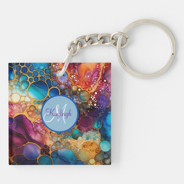 Colorful Alcohol Ink Art Fluid Painting   Keychain (Back)