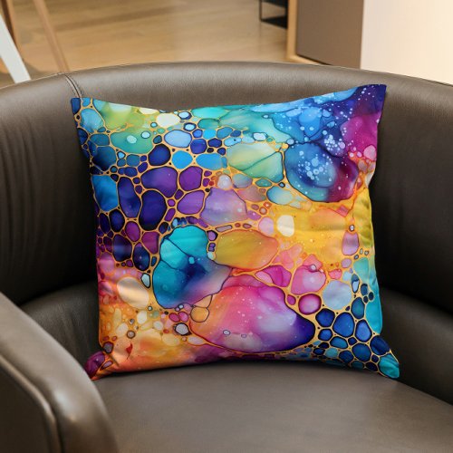 Colorful alcohol ink modern watercolors background throw pillow