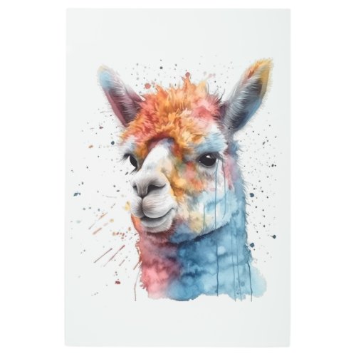 colorful alpaca in water color metal print