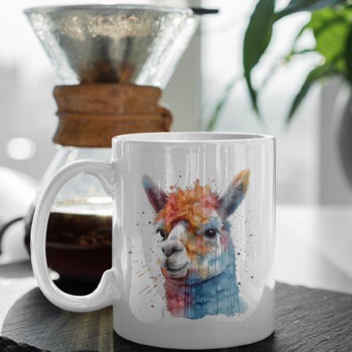 colorful alpaca in watercolor coffee mug