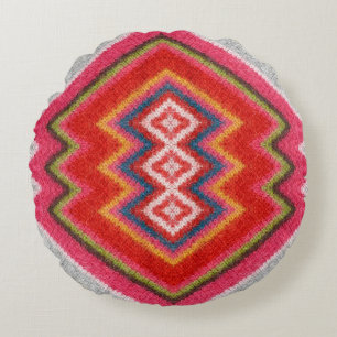 Colorful alpaca mohair sweater ornament closeup. round pillow