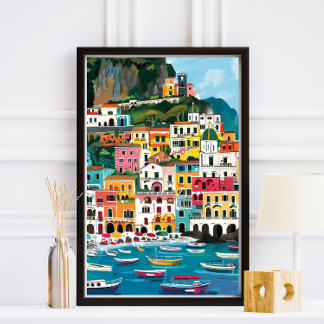 Colorful Amalfi Coast Beach Illustration Photo Print