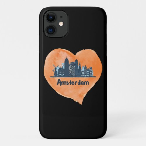 Colorful Amsterdam City Skyline Watercolor Heart P iPhone 11 Case