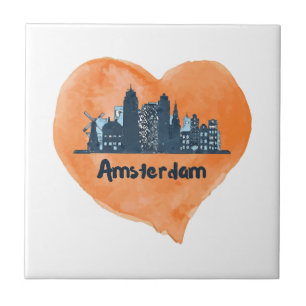 Colorful Amsterdam City Skyline Watercolor Heart P Ceramic Tile