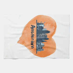 Colorful Amsterdam City Skyline Watercolor Heart P Kitchen Towel
