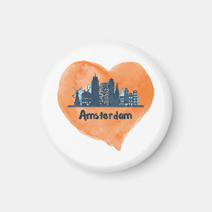 Colorful Amsterdam City Skyline Watercolor Heart P Magnet