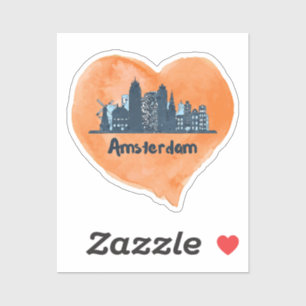 Colorful Amsterdam City Skyline Watercolor Heart P Sticker