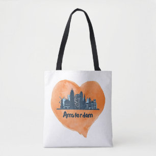 Colorful Amsterdam City Skyline Watercolor Heart P Tote Bag