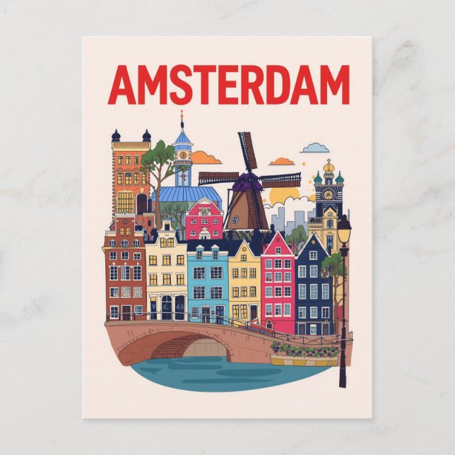Colorful Amsterdam Cityscape Postcard (Front)