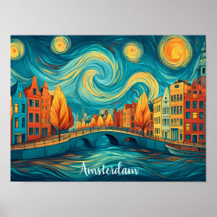Colorful Amsterdam Holland Canal Oil Painting Poster