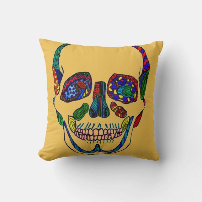 Colorful Anatomical Sugar Skull Mosaic Pillow (Front)
