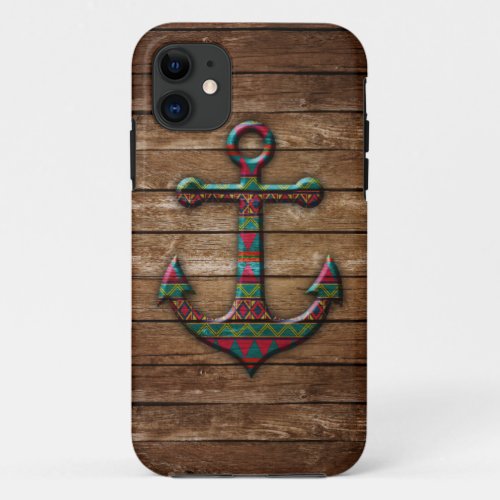 Colorful Anchor on Wood Texture iPhone 11 Case
