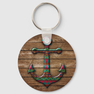 Colorful Anchor on Wood Texture Keychain