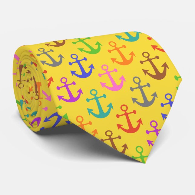 Colorful Anchor Pattern Retro Nautical Neck Tie (Rolled)