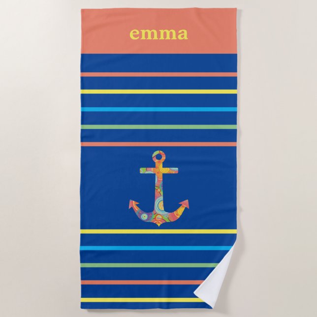 Colorful Anchor Personalized Beach Towel (Front)