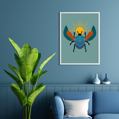 Colorful ancient Egyptian scarab rolling Sun Poster