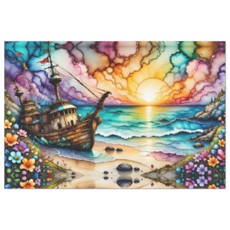 Colorful Ancient Shipwreck Beach Flowers and Sky 