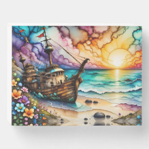 Colorful Ancient Shipwreck Beach Flowers and Sky  Wooden Box Sign