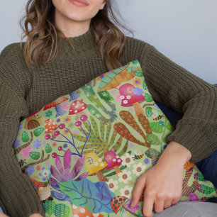 Colorful and Bright Enchanted Woodland Forest Throw Pillow