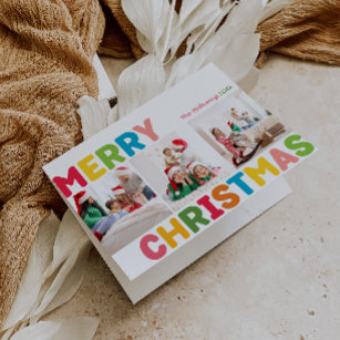 Colorful and Bright Merry Christmas Folded 3 Photo Holiday Card