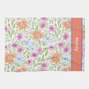 Colorful and Cute Pastel Floral Pattern Name Kitchen Towel