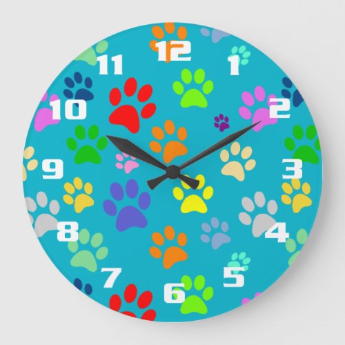 Colorful and Cute Pet Paws Pattern Large Clock