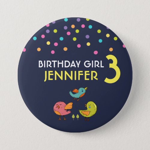 Colorful and Cute Whimsical Birds Birthday Girl Button