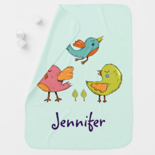Colorful and Cute Whimsical Birds Trio Baby Blanket