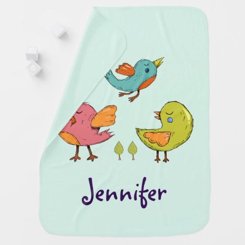 Colorful and Cute Whimsical Birds Trio Baby Blanket