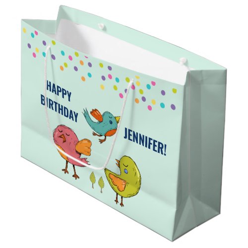 Colorful and Cute Whimsical Birds Trio Birthday Large Gift Bag