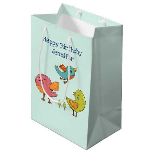 Colorful and Cute Whimsical Birds Trio Birthday Medium Gift Bag