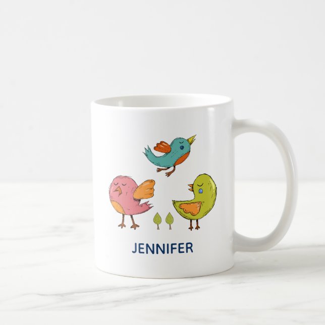 Colorful and Cute Whimsical Birds Trio Coffee Mug (Right)