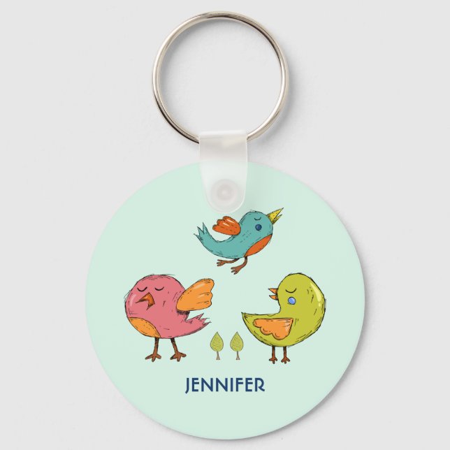 Colorful and Cute Whimsical Birds Trio Keychain (Front)