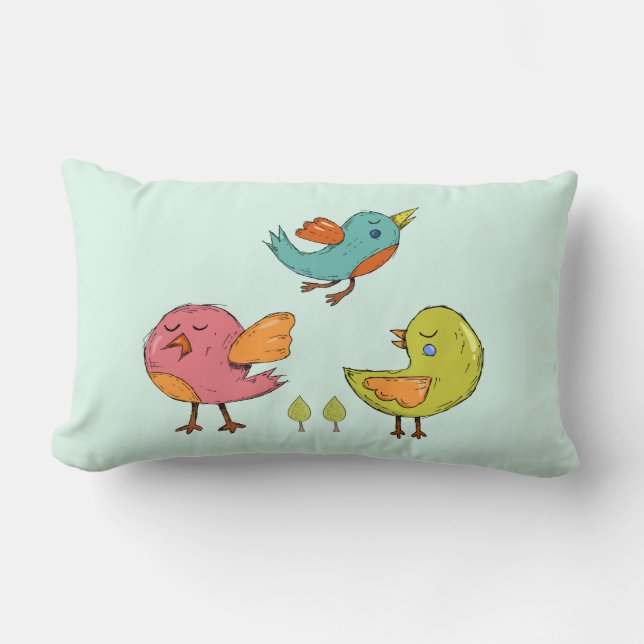 Colorful and Cute Whimsical Birds Trio Lumbar Pillow (Front)