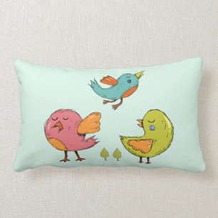 Colorful and Cute Whimsical Birds Trio Lumbar Pillow