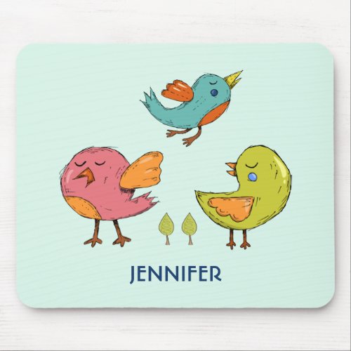 Colorful and Cute Whimsical Birds Trio Mouse Pad