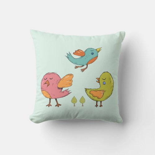 Colorful and Cute Whimsical Birds Trio Outdoor Pillow