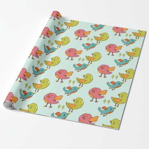 Colorful and Cute Whimsical Birds Trio Pattern Wrapping Paper