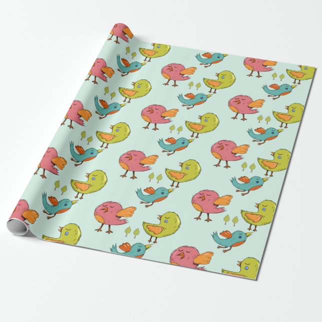 Colorful and Cute Whimsical Birds Trio Pattern Wrapping Paper (Unrolled)