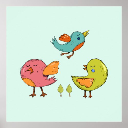 Colorful and Cute Whimsical Birds Trio Poster